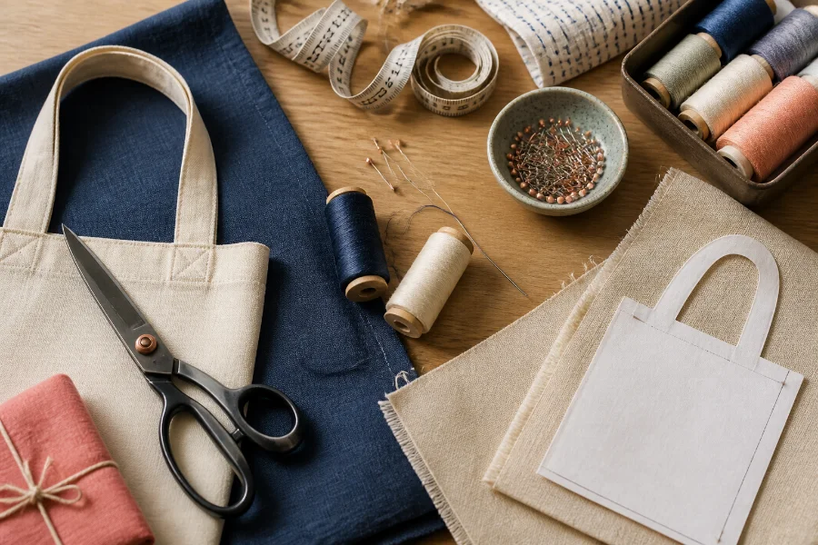 Sewing tools laid out for a beginner guide